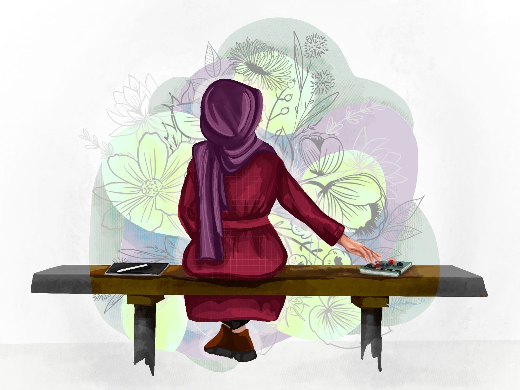 A Pakistani Deaf woman wearing a hijab sits on a bench at an art museum
