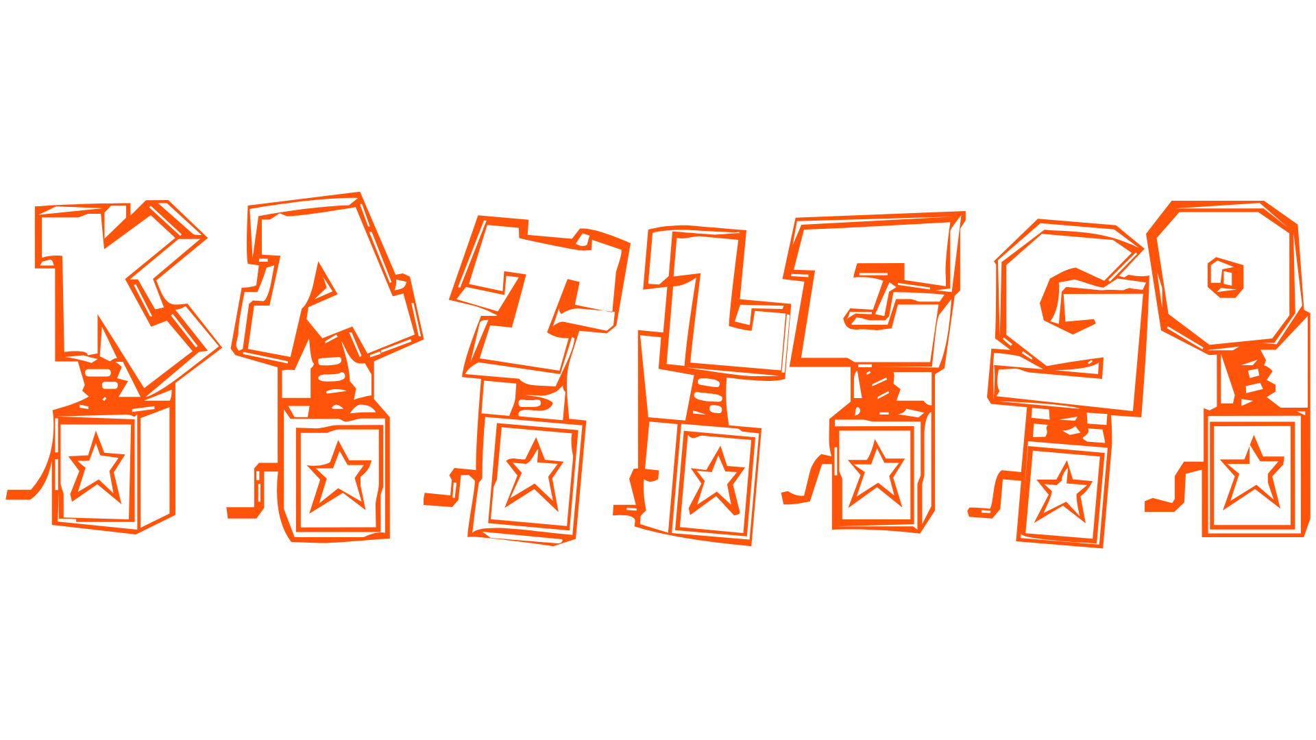 Katlego in a burnt orange colour. The letters are coming out of jack in the boxes with stars in front of them. 