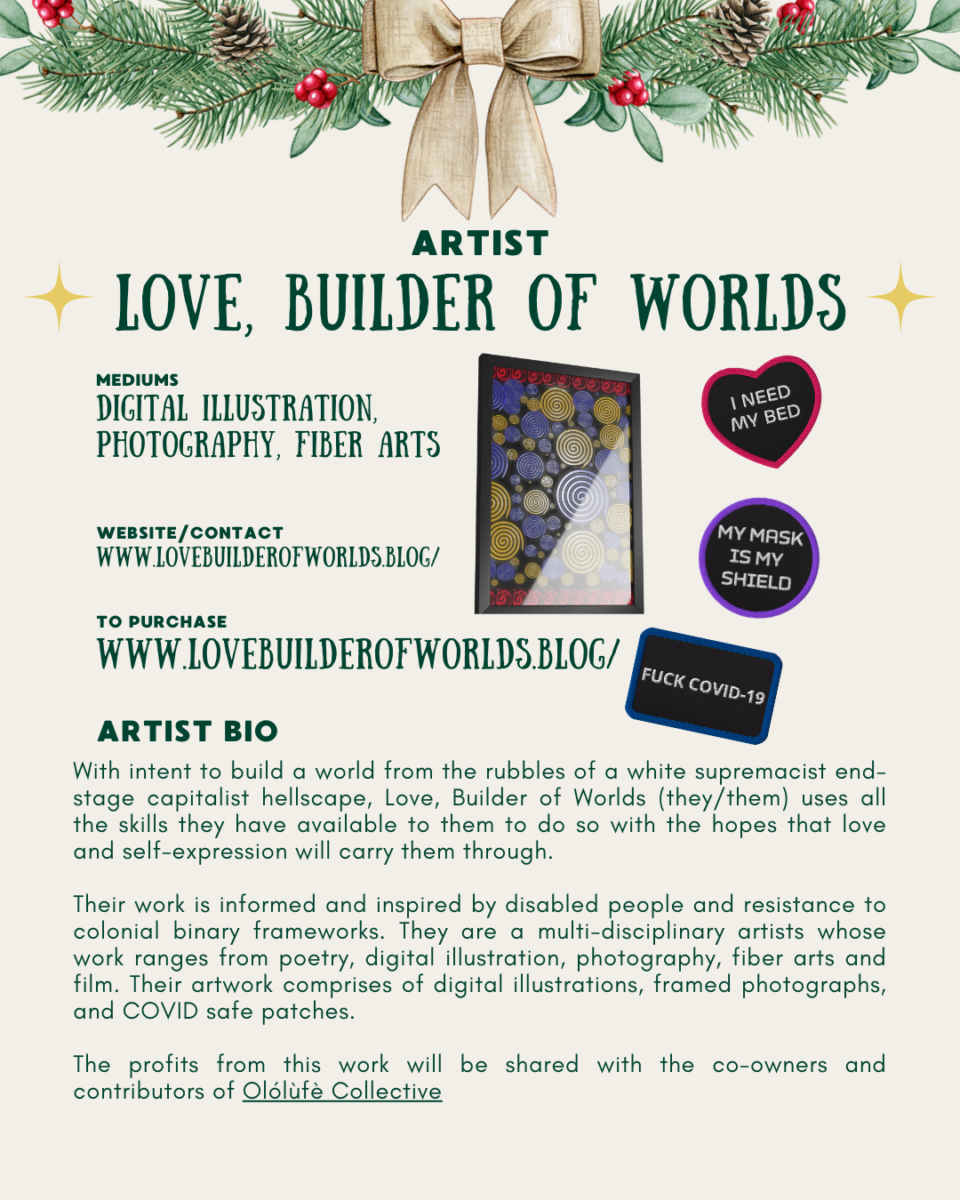 A poster for Love, Builder of Worlds showcasing their art. 