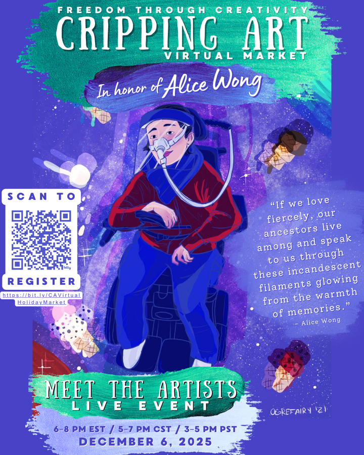 A vibrant, dreamlike event poster features an illustrated portrait of Alice Wong in a galaxy-inspired style by @ogrefairy (Instagram)